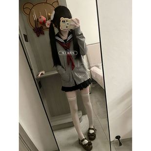 JK制服浅灰色长袖这种开衫毛衣原创三本中间水手服叠穿短裙套装女