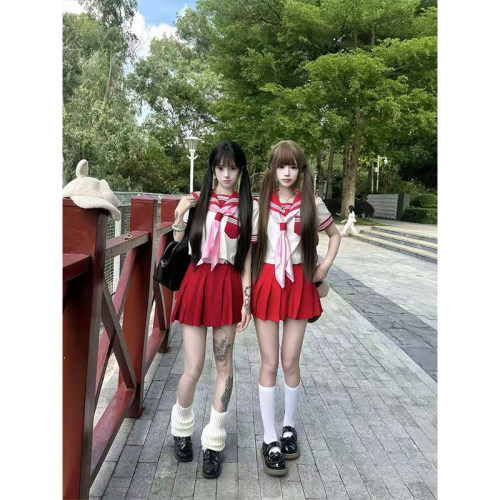 原创JK制服新款红三本短袖长袖衬衫日系中间水手服正版学院风制服