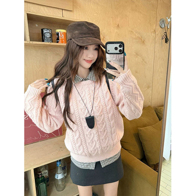 粉色日系圆领宽松麻花针织毛衣秋冬温柔软糯加厚套头内搭上衣