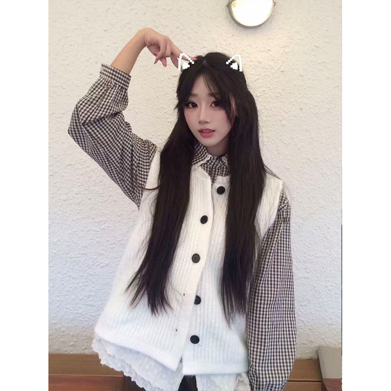 早春穿搭一整套文艺复古蕾丝花边格纹娃娃领衬衫搭配针织开衫马甲,女装/女士精品,时尚套装,淘宝优惠券,粉丝福利购,淘宝优惠卷