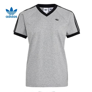 adidas阿迪达斯夏季三叶草女子V领新款时尚休闲宽松短袖KU4771