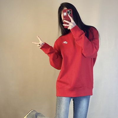红色基础长袖加绒保暖卫衣