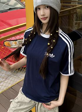 阿迪达斯三叶草蓝色短袖夏季新款Jennie同款T恤圆领男女hz9634