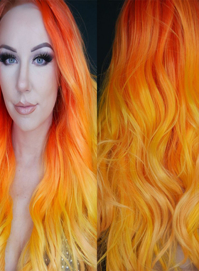 欧美变装皇后个性渐变橙色自由分长卷发手勾前蕾丝假发套lace wig