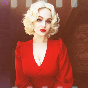 欧美女COS玛丽莲梦露淡金色白金色复古偏分短卷发舞台假发套wigs