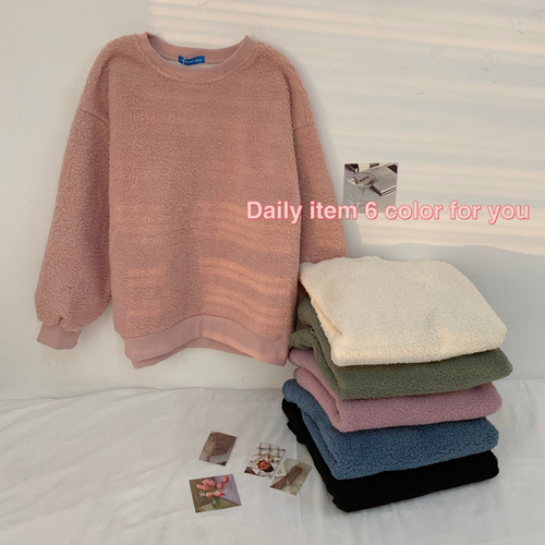 Recommended Korean lamb wool solid color loose Plush warm long sleeve sweater versatile top