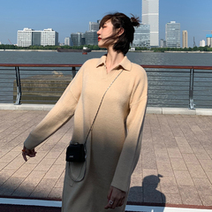 Real shot quality inspection autumn and winter Korean thickened V-neck wool dress medium length loose knitted Long Sleeve Dress