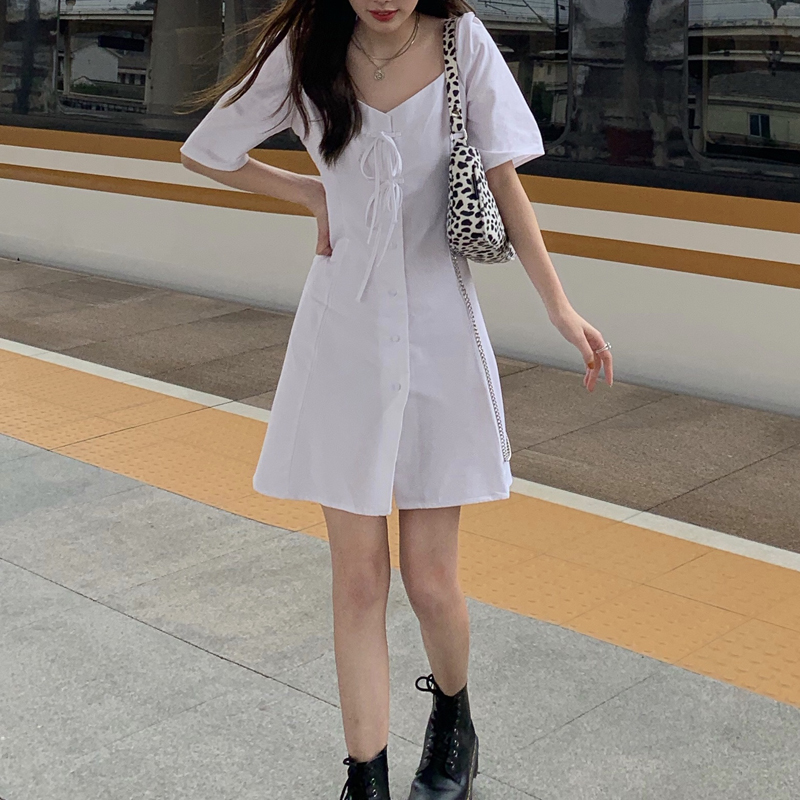 Real Hepburn dress pure color temperament court short sleeve bow white skirt girl