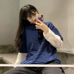 Real photo, quality inspection, autumn Korean version, fake two pieces of splicing stripes, loose and thin, all-around long shirt