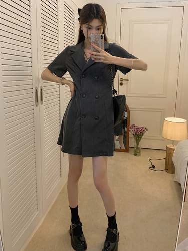 Real shooting summer design sense a-word retro chic gray high sense chic skirt suit dress women