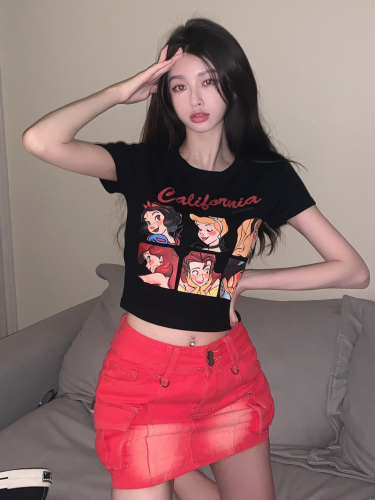 Real shooting of summer pure sexy Spice Girl American retro cartoon printing slim fit short sleeved T-shirt