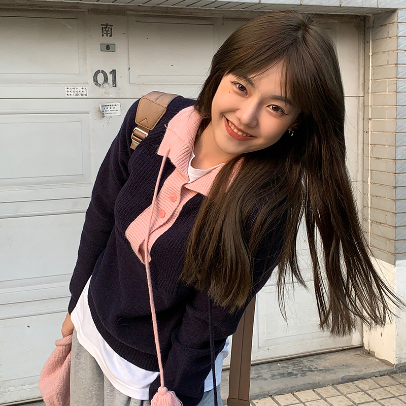 Real shot autumn and winter net red college style color contrast loose design feeling lazy ball ball long sleeve sweater female