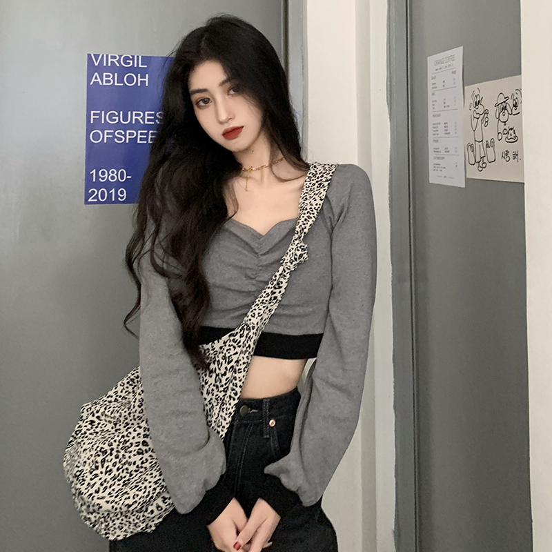 Real shot autumn design sense of mind square neck long sleeve T-shirt slim short open navel BM top for women