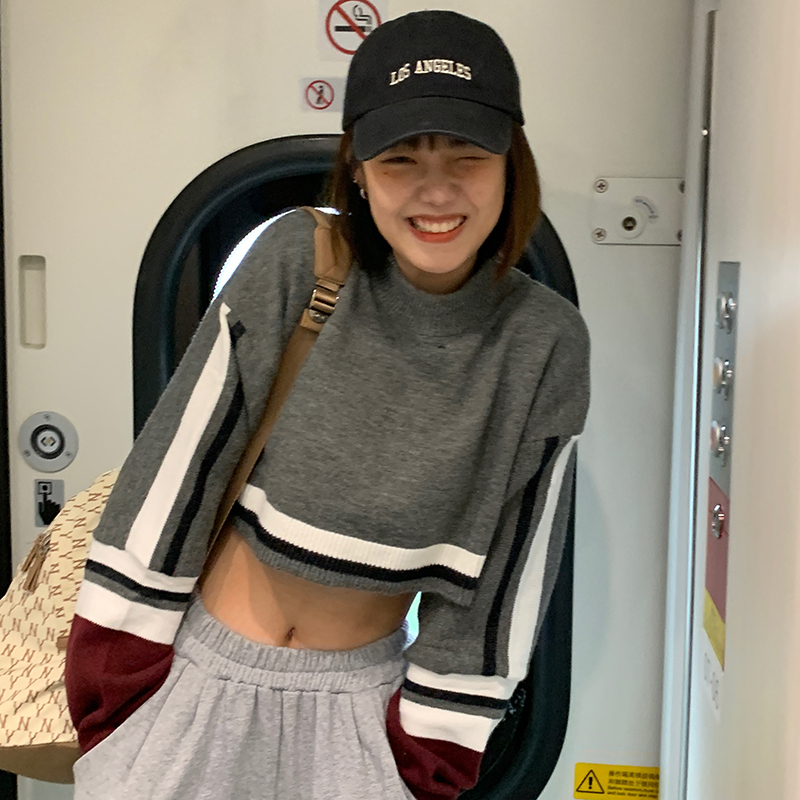 Real shot Korean Pullover Slouchy loose short stripe contrast color retro Long Sleeve Sweater Top Women