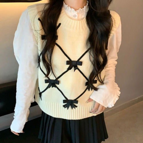 Real shooting of autumn clothing brand modified Hong Kong flavor design sense bow Knit Sweater Vest blouse women