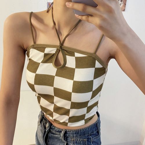 Real shot spring and summer net red checkerboard vest suspender new sexy versatile Korean inner top