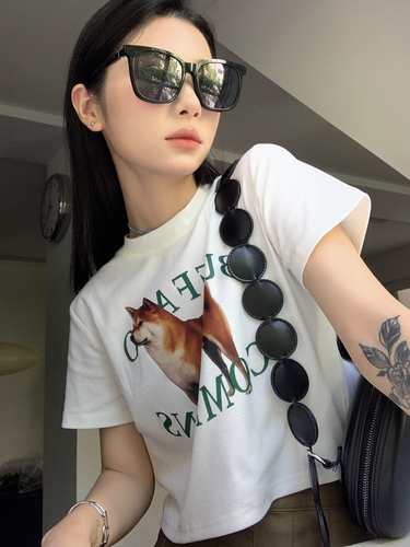 Real photos of summer clothing Akita dog dog letter print round neck slim fitting short navel exposed Short Sleeve T-Shirt Top