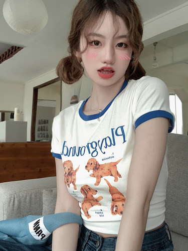 Real shooting cute puppy print T-shirt women's summer contrast round neck short sleeve slim short top