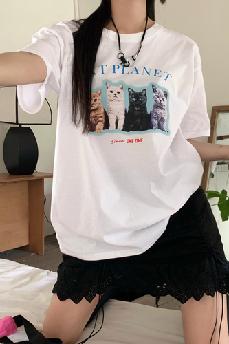 Real shot Korean cat print ins loose and versatile Casual Short Sleeve round neck T-Shirt Top