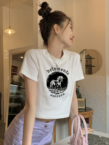 Real shooting American hot girl style short style slim fit Unicorn print short sleeve top T-shirt women's summer