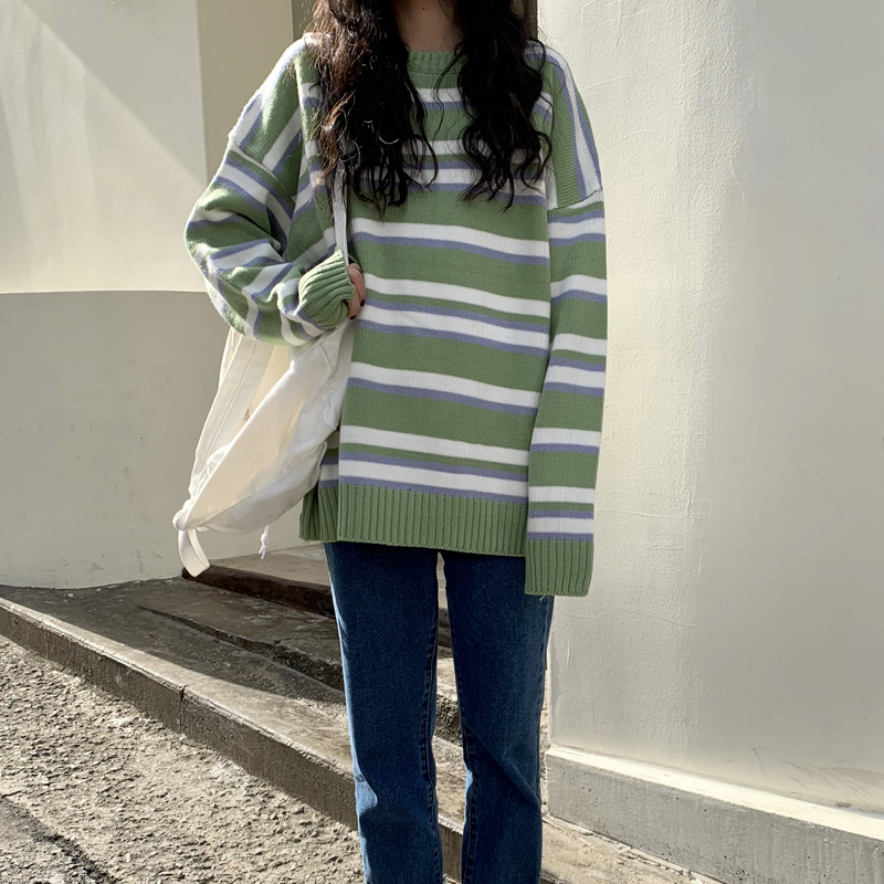 Korean chic ghost horse girl stripe versatile Matcha green thick sleeve knitted sweater