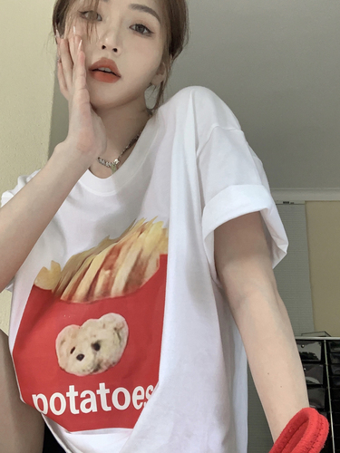 Real shot Korean summer fun large French fries print T-shirt round neck short sleeve chic Street top