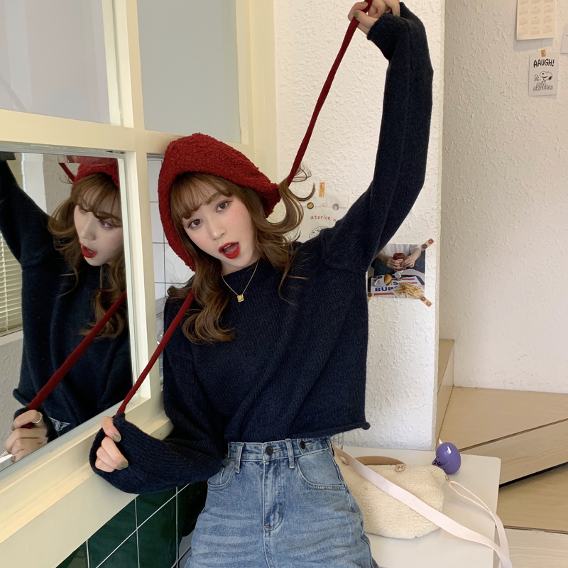 Real photo, quality inspection, spring clothing, Korean version, solid color, basic type, curled edge, short type, long sleeve sweater, female