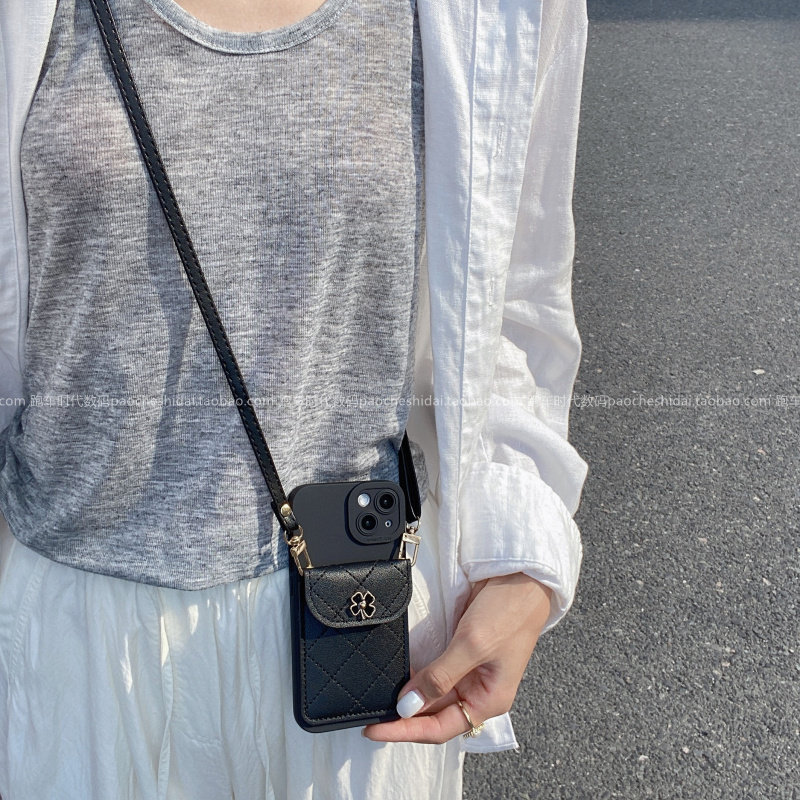 高级感四叶草菱格卡包适用iPhone17Promax苹果13手机壳14Pro斜挎挂绳15Pro全包16Pro奢华xsmax新款11硅胶plus