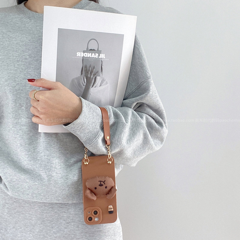 卡通毛绒咖啡小熊适用小米15/14Pro手机壳Turbo4斜挎note14Pro女红米K70可爱背带绳note13硅胶civi3全包边k60