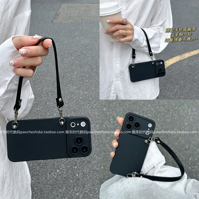 欧美风黑色搭配皮质手拎绳适用opporeno16/15手机壳findx9spro高级感findx8pro简约a6spro少女全包防摔a6a5x