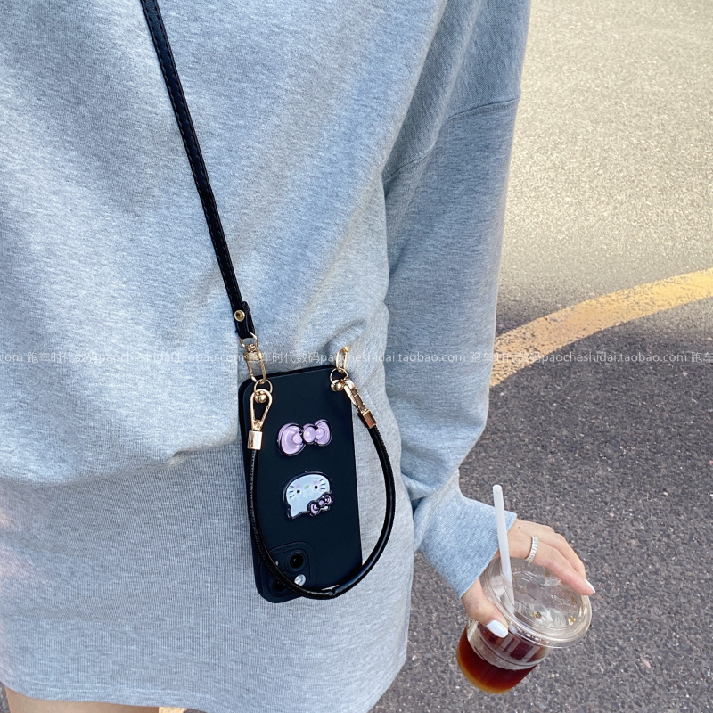 可爱黑色KT蝴蝶结适用荣耀400手机壳magic876pro斜挎可背honor300pro挂绳x70创意卡通x50硅胶全包畅玩60plus