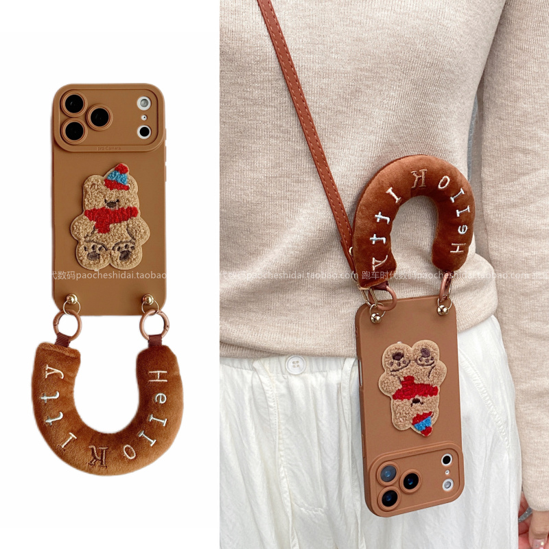 秋冬款刺绣围巾熊公仔毛绒手拎绳适用opporeno15pro手机壳reno13斜挎挂绳findx9pro全包findx8奢华reno11软壳