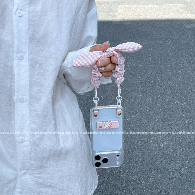 日韩少女感粉波点KT支架软壳适用iPhone17Promax苹果16手机壳17Pro蝴蝶结手拎绳15Promax透明全包14plus女air