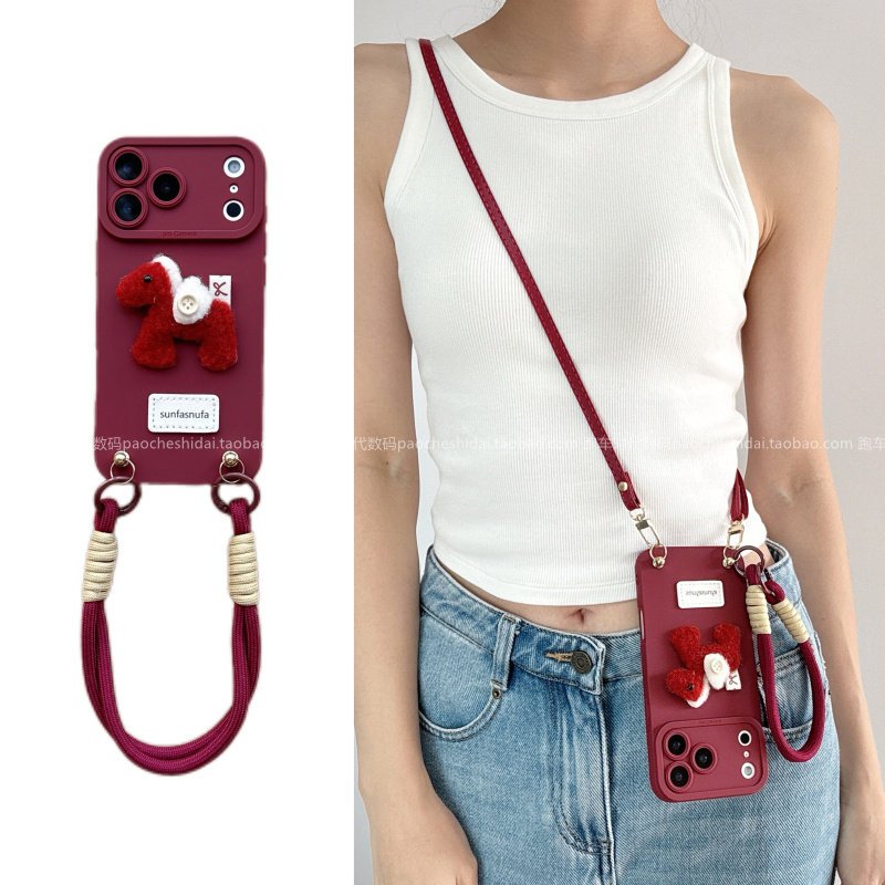 新年酒红立体毛绒小马公仔标签壳适用荣耀500/400手机壳magic8pro斜挎挂绳x70全包x50奢华magic765新款200pro