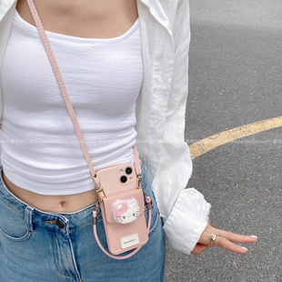 ins风甜美粉色猫咪卡包适用oppofindx8手机壳reno13可插卡findx7斜挎手提绳k12/k11x全包边reno11/12pro防摔
