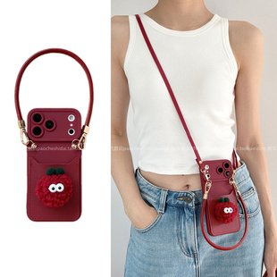 新款ins毛绒煤球酒红零钱卡包适用苹果17promax手机壳iphone17pro斜挎款16pro女新款15手拎挂绳14防摔13硅胶