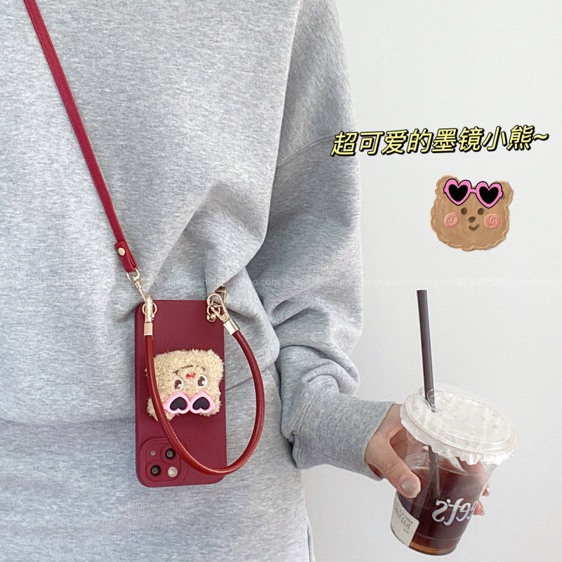 韩风ins毛绒炫酷墨镜小熊头适用华为mate70手机壳mate60Pro斜挎挂绳P70全包nova11女款P60壳畅享60新款nova12
