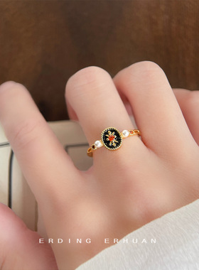 文艺复古港风气质滴油电镀14K开口可调节黑色戒指设计师款指环女