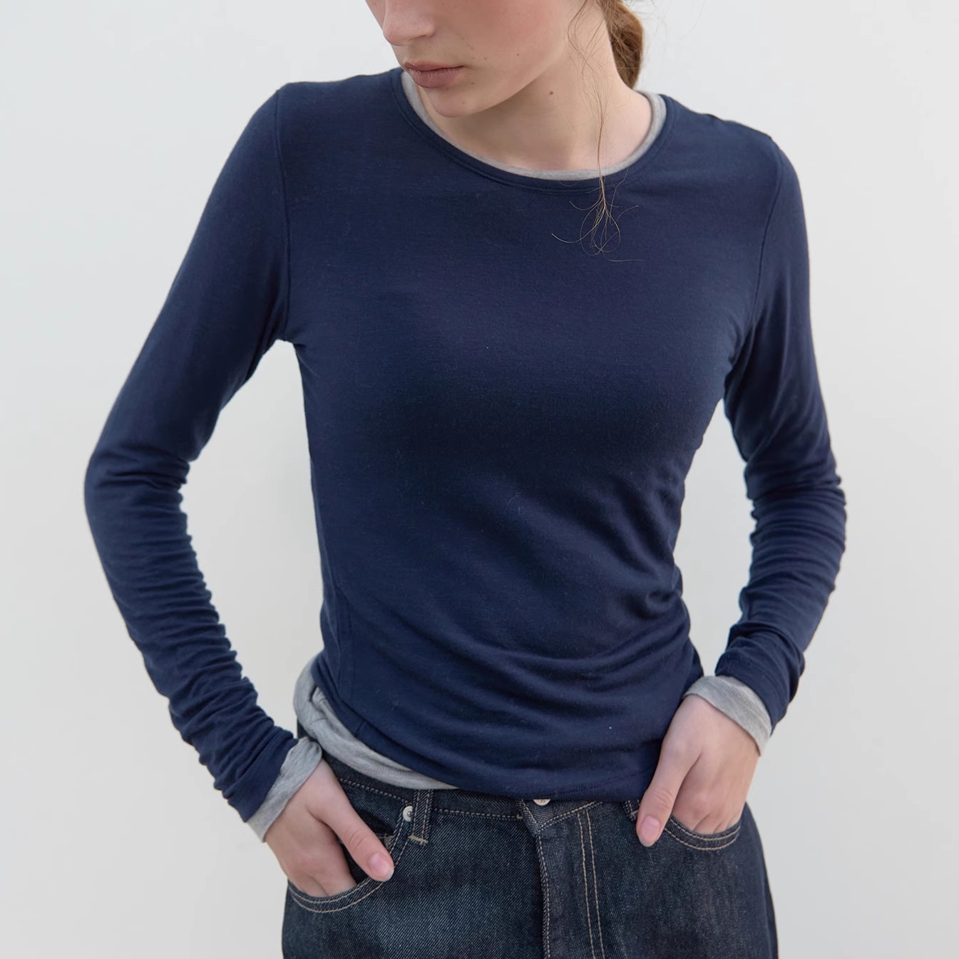 韩国东大门女装2025秋冬新款简约百搭纯色天丝羊毛打底长袖T恤