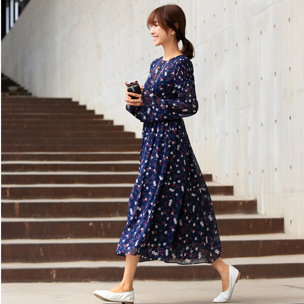 现货韩国东大门女装2018夏装新款碎花雪纺收腰连衣裙长裙潮sg