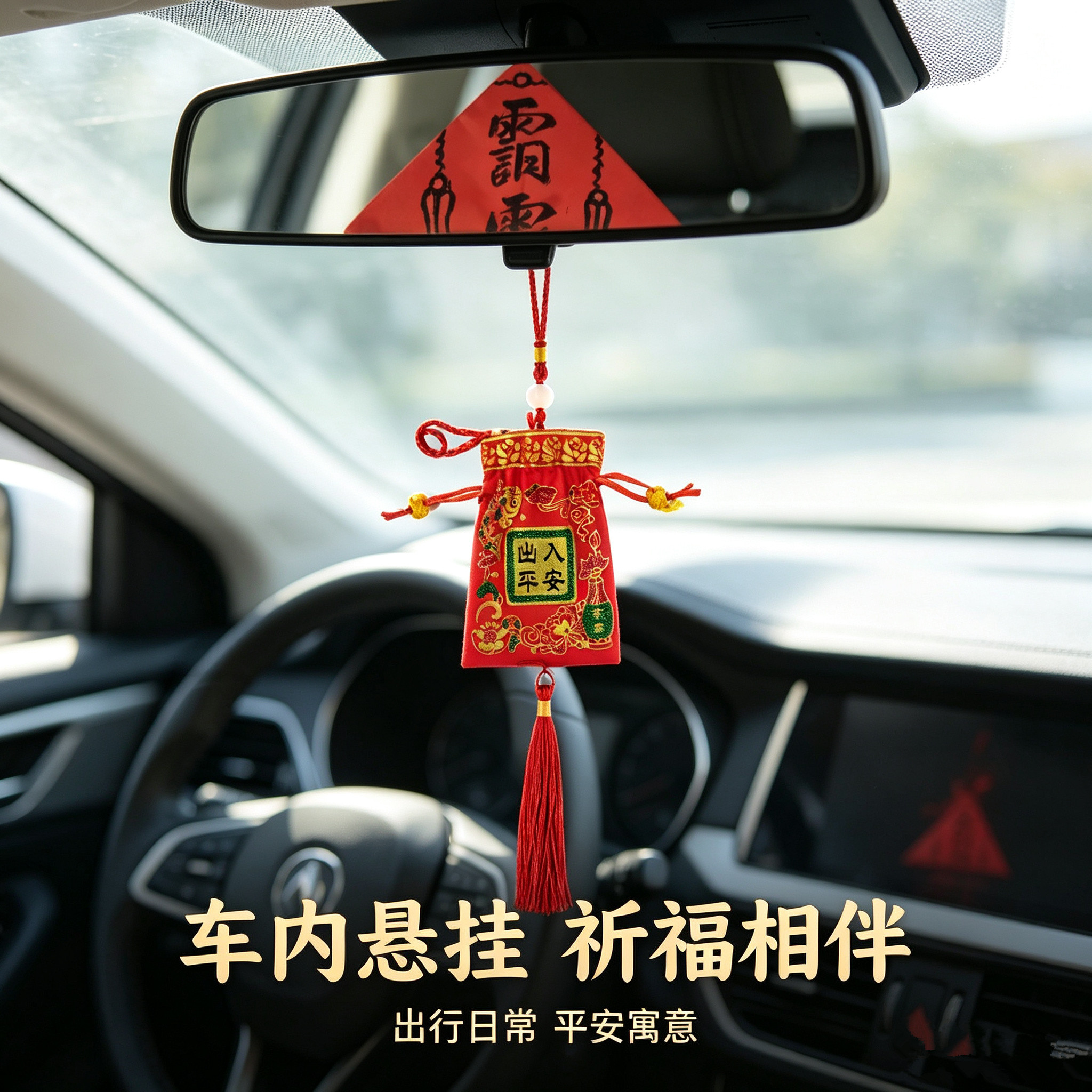 五路招财进宝汽车挂件彩珠绣福字手工平安符袋装平安车载挂件用品