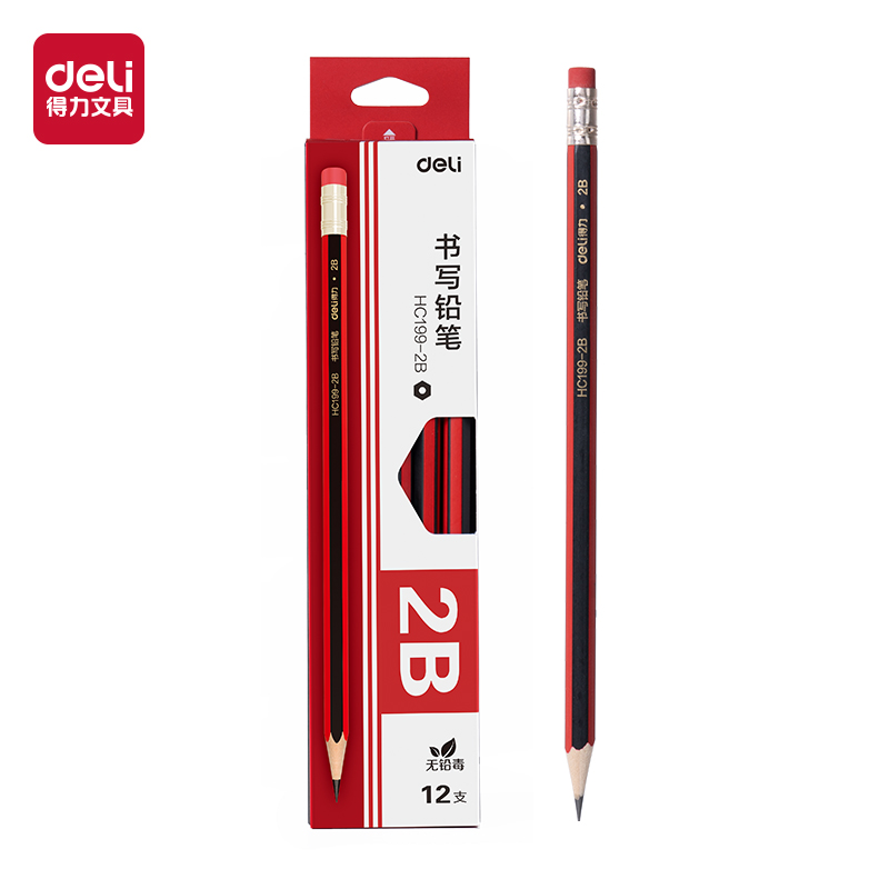 得力HC199-2B红黑抽条六角杆书写铅笔2B(混)(12支/盒)