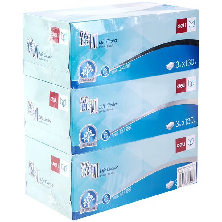 得力 MH3130-01 3层130抽臻韧盒装抽纸面巾纸 白 3盒/提