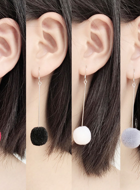 S925银针秋冬新款植绒毛球耳环女ins潮百搭气质红色可爱圆球耳钩