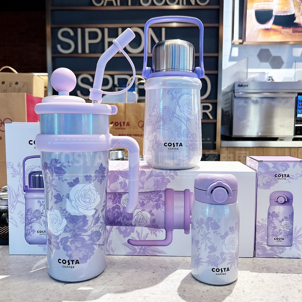 costa重瓣玫瑰春季新款ins风紫色高颜值保温杯吸管杯炫彩镭射淑女