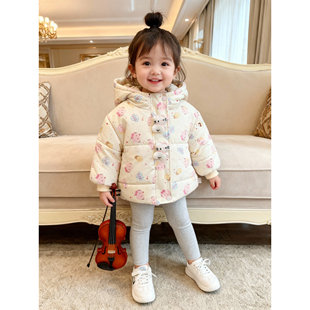 儿童女宝宝冬季新款棉衣满印可爱卡通外出服连帽上衣ZY