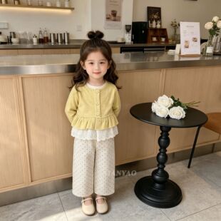 2026秋季新女童新款套装穿搭 奶黄蕾丝圆点裤 长袖套 卫衣裤-WQ