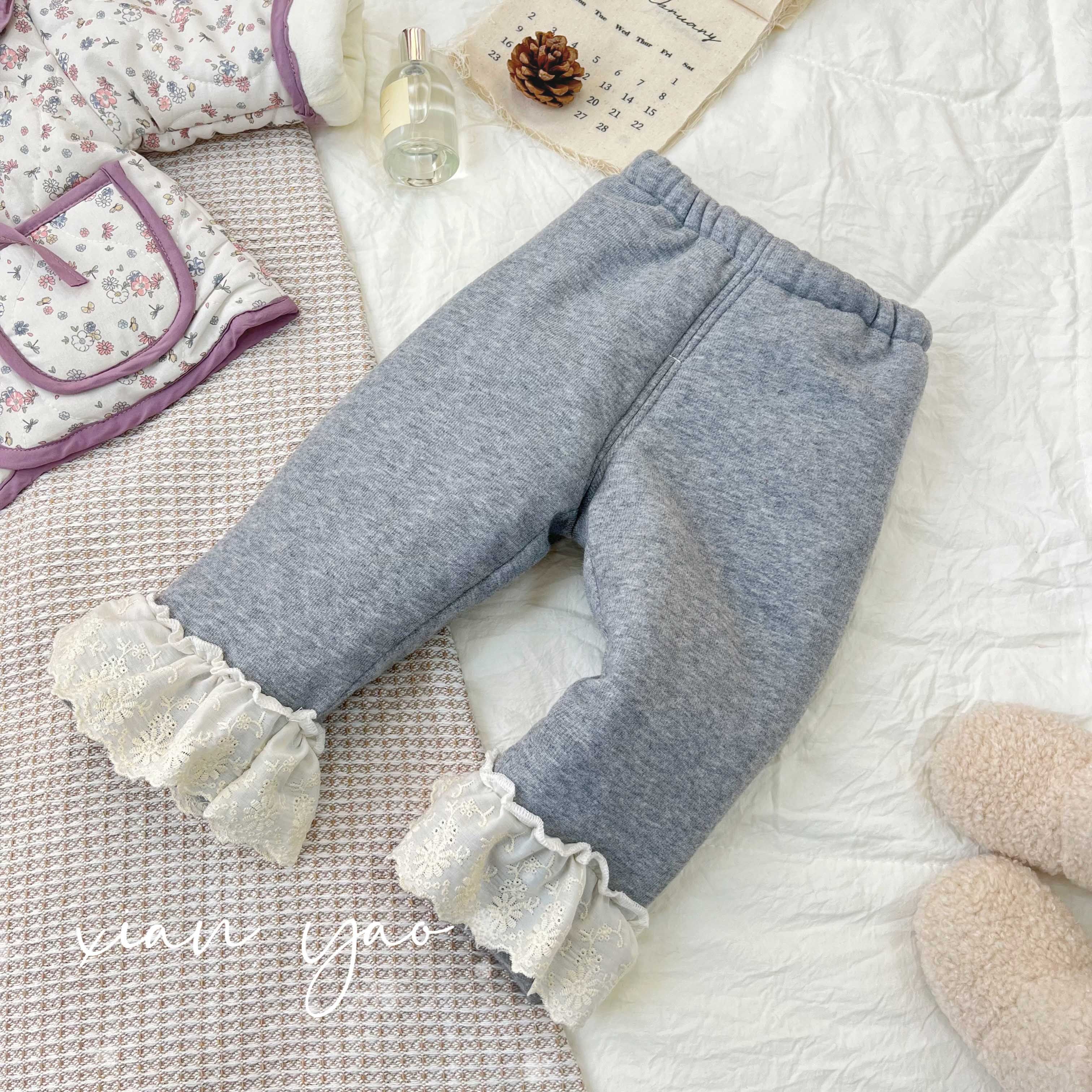 2024秋冬新款女童白蕾丝边加棉裤可爱甜美百搭女宝宝保暖长裤