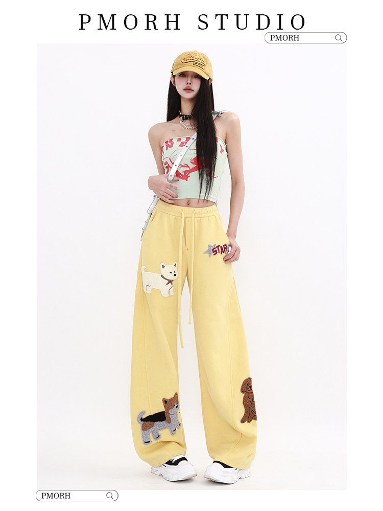 PMORH American retro niche commuter casual pants for women's summer 2026 new high-waisted dog embroidered floor-length pants thumbnail 4