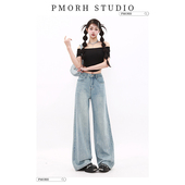 高街显瘦阔腿长裤 PMORH复古小众浅蓝色重工烫钻牛仔裤 女秋冬新款